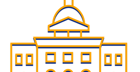 Illustrated image of the state house outlined in yellow and blue