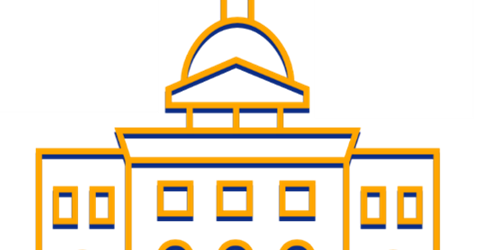 Illustrated image of the state house outlined in yellow and blue