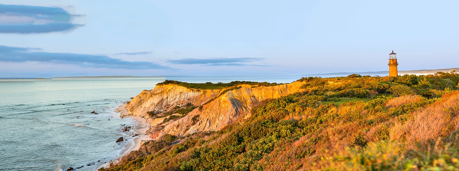 Gay Head Lighthouse and Gay Head cliffs of clay in Aquinnah, Martha's Vineyard