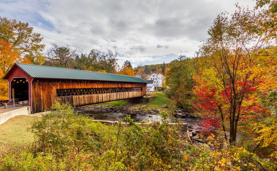 Covered bridge with foliage Massachusetts
