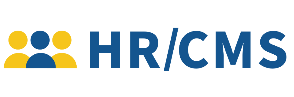 HR/CMS logo with three stick figure torsos in blue in yellow