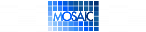 Mosaic logo: mosaic in all caps surrounded by blue squares in a gradient going from light to dark