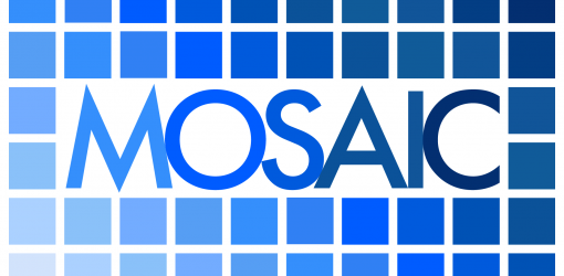 Mosaic logo: mosaic in all caps surrounded by blue squares in a gradient going from light to dark