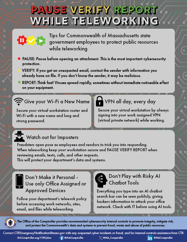 A "Pause Verify Report While Teleworking" graphic, available at https://www.macomptroller.org/wp-content/uploads/infograph_pause-verify-report_2.pdf