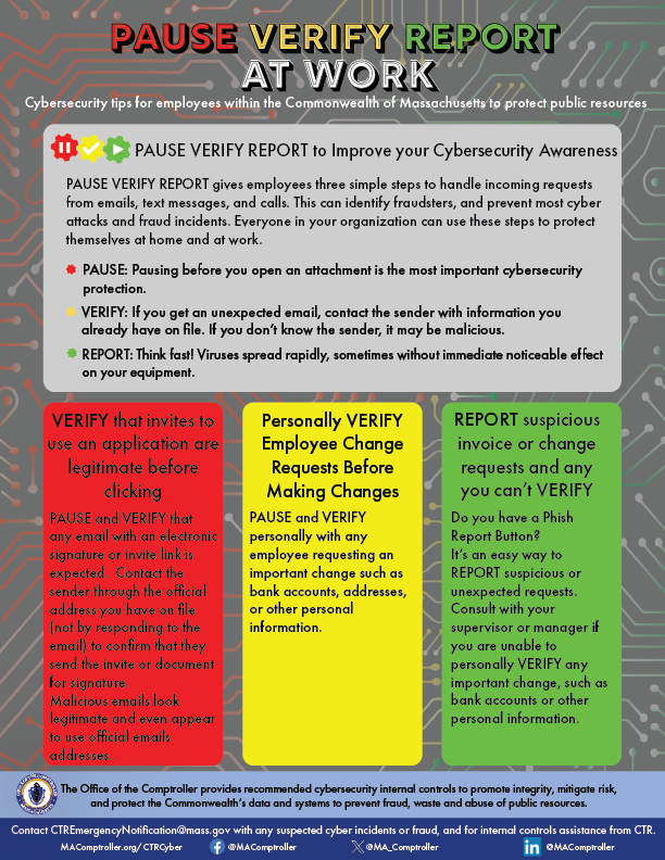 A "PAUSE VERIFY REPORT AT WORK" infograph, available at https://www.macomptroller.org/wp-content/uploads/infograph_pause-verify-report_3.pdf
