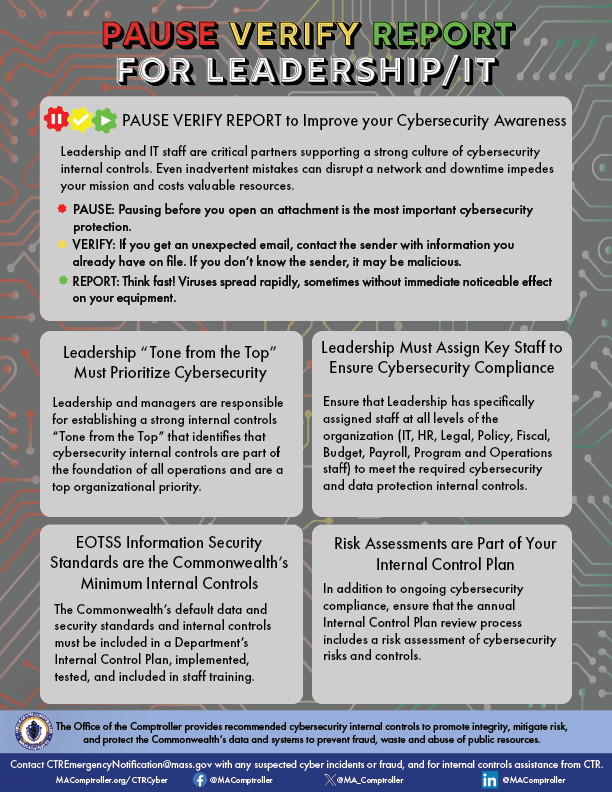 A "Pause Verify Report for Leadership/IT" graphic, available at https://www.macomptroller.org/wp-content/uploads/infograph_pause-verify-report_5.pdf