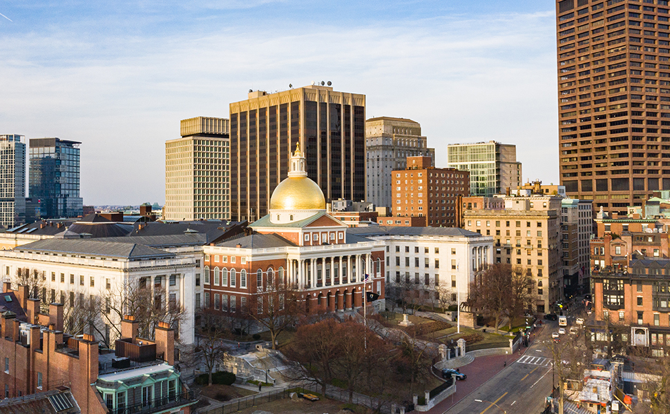 A wide shot of the Massachusetts State House