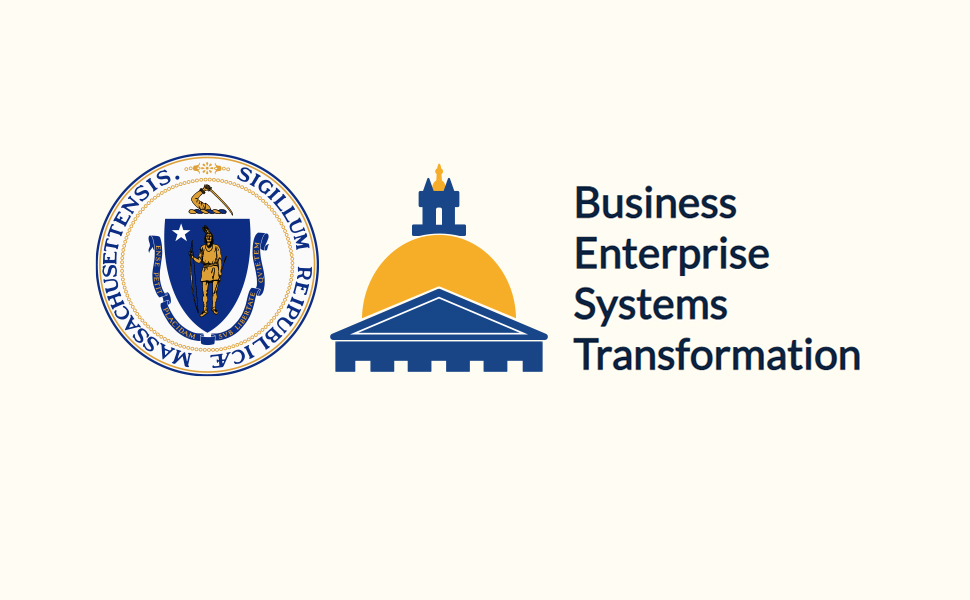 The logo for the BEST Program, which consists of the Great Seal of the Commonwealth of Massachusetts, a stylized image of the Massachusetts State House dome, and the words "Business Enterprise Systems Transformation"