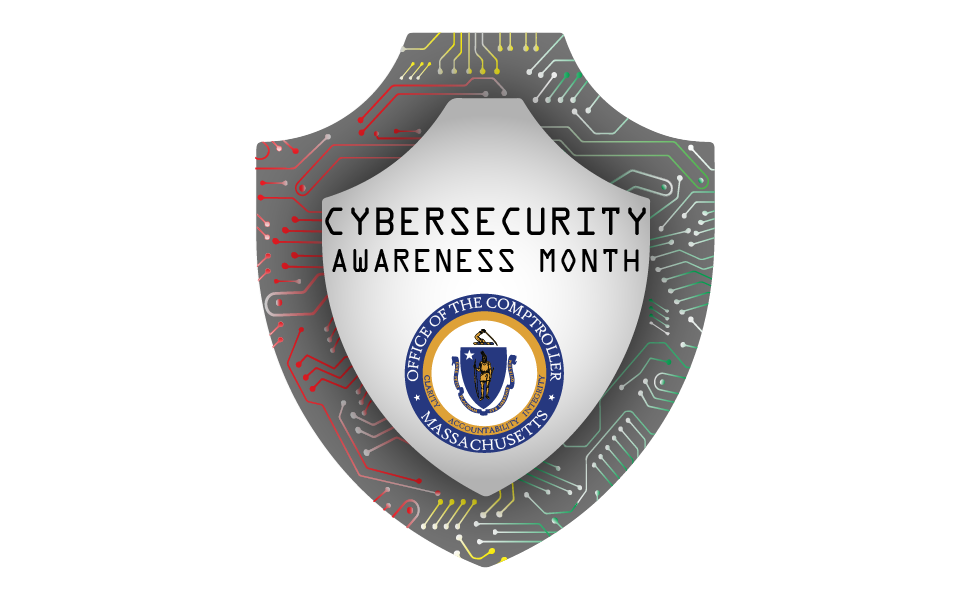 The text CYBERSECURITY AWARENESS MONTH inside a stylized shield, with the Seal of the Office of the Comptroller