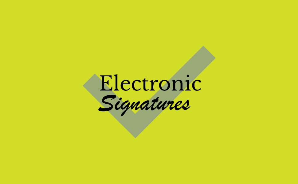 The text "Electronic Signatures", overlain on a checkmark and a light green field reminiscent of the DocuSign branding