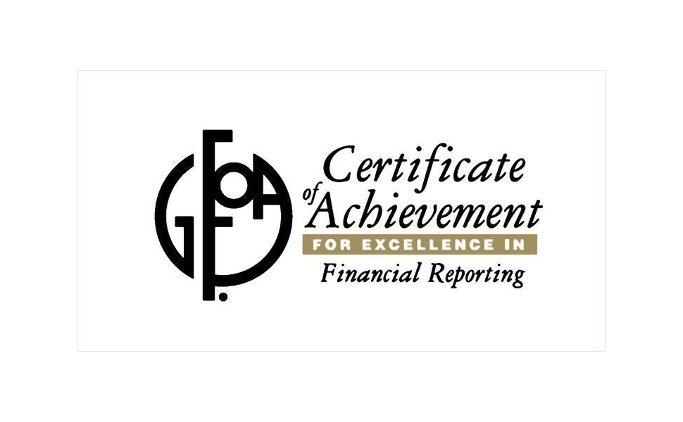 The logo of the Government Finance Officers Association the United States and Canada, and stylized text reading "Certificate of Achievement for Excellence in Financial Reporting"