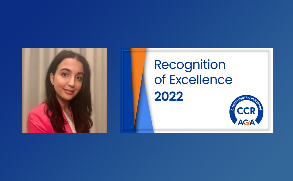 A headshot of Parris Kyriakakis, and a graphic reading "Recognition of Excellence 2022" and the AGA Citizen-Centric Reporting (CCR) logo
