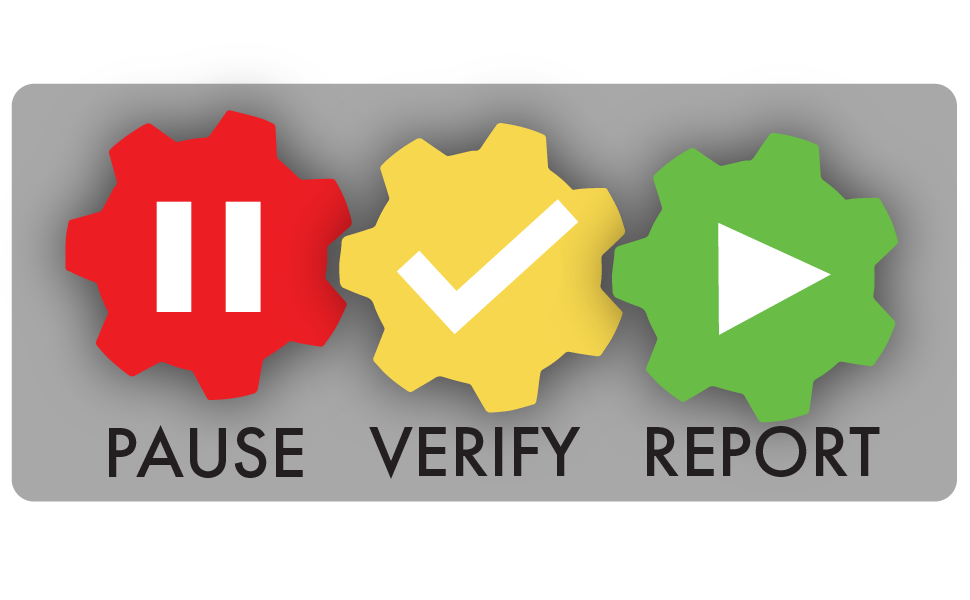 The 'Pause Verify Report' logo, consisting of a red gear with a pause sign, a yellow gear with a checkmark, and a green gear with a play sign, and the words 'PAUSE VERIFY REPORT' underneath