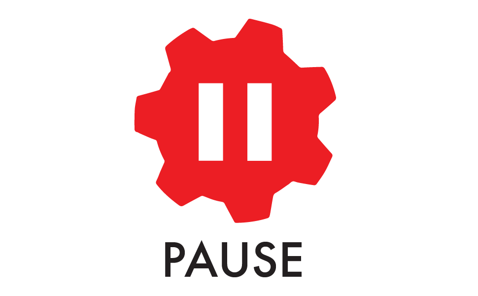 A 'Pause' icon inside a red gear, with the word 'PAUSE' underneath
