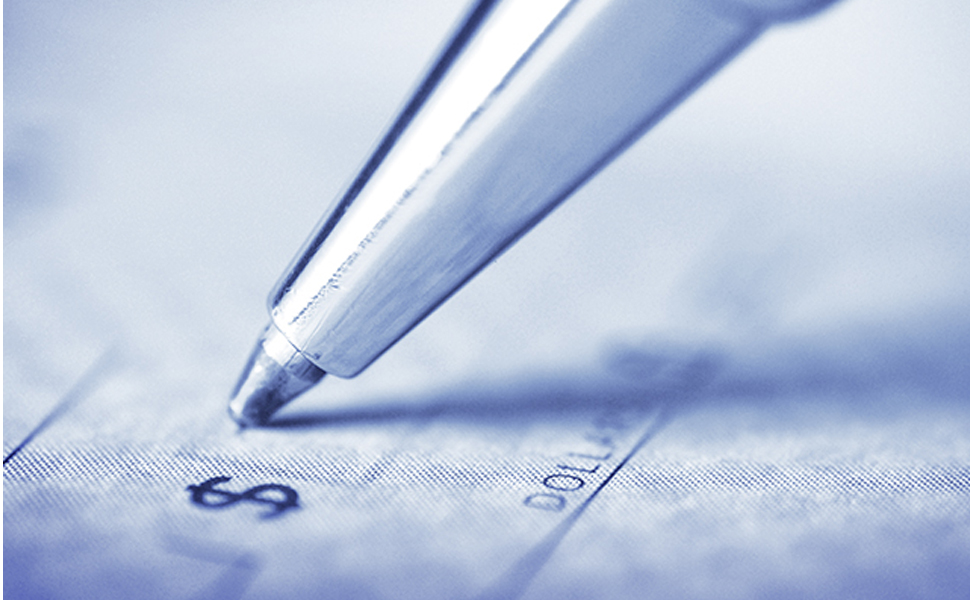 An image of a pen signing a check