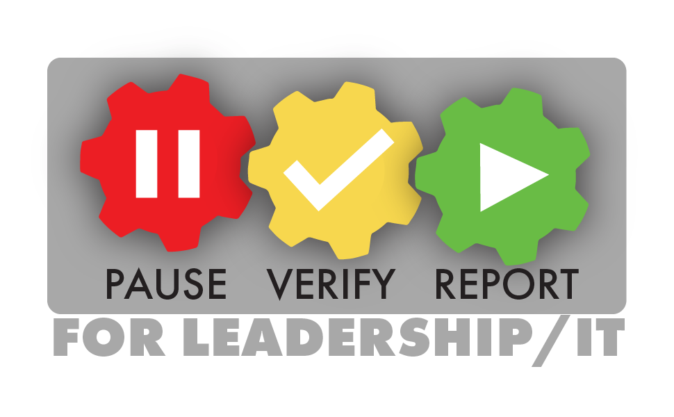 Graphic with a red pause button, a yellow check mark, and a green play button and the words pause, verify, report for leadership and IT underneath.