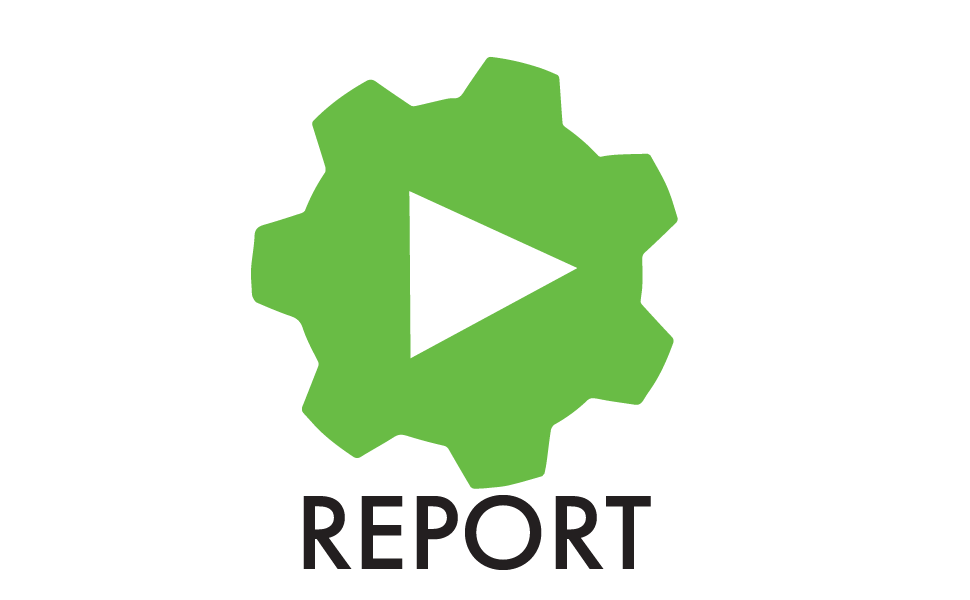 A 'Play' icon inside a green gear, with the word 'REPORT' underneath
