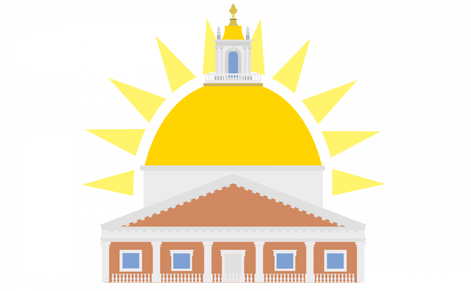 A stylized version of the Massachusetts State House with rays of the sun behind the golden dome