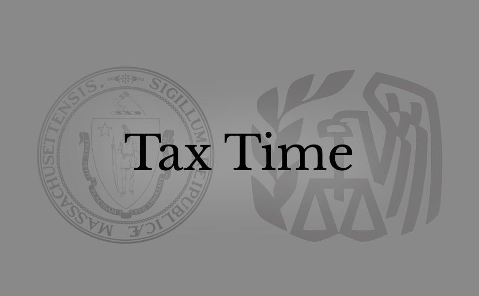 The text "Tax Time" lain over the Great Seal of the Commonwealth of Massachusetts, and the IRS logo