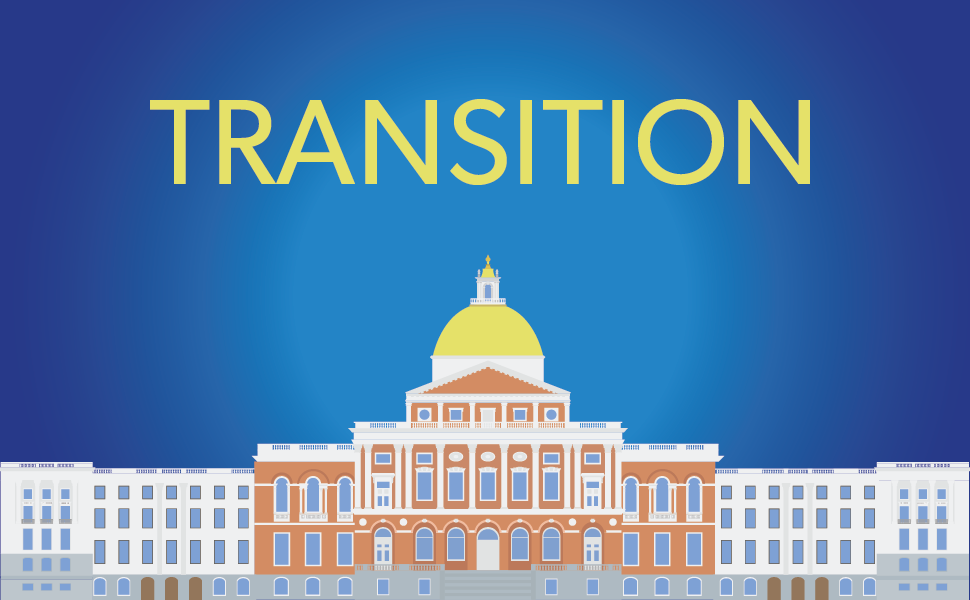 The text "Transition" with an image of the Massachusetts State House