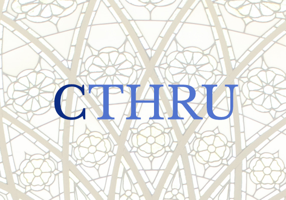 The CTHRU wordmark in the foreground, with background detail of the rose window from the interior dome of the Massachusetts State House