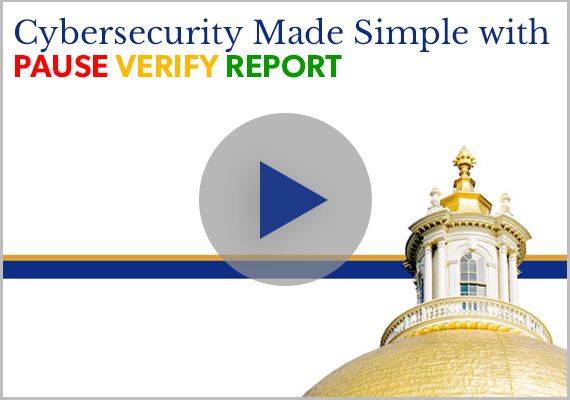 The text "Cybersecurity made simple with PAUSE VERIFY REPORT" on a PowerPoint cover slide and a play icon