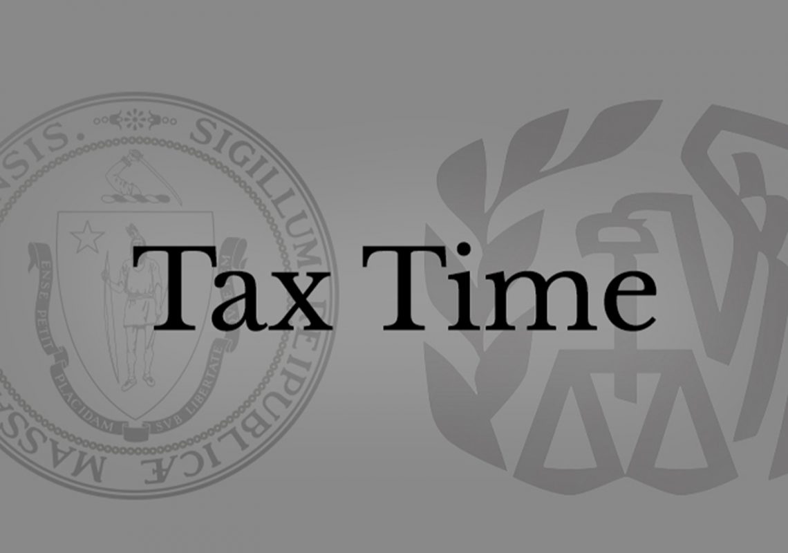 The words "Tax Time", with a background of logos of Office of the Comptroller and the Internal Revenue Service