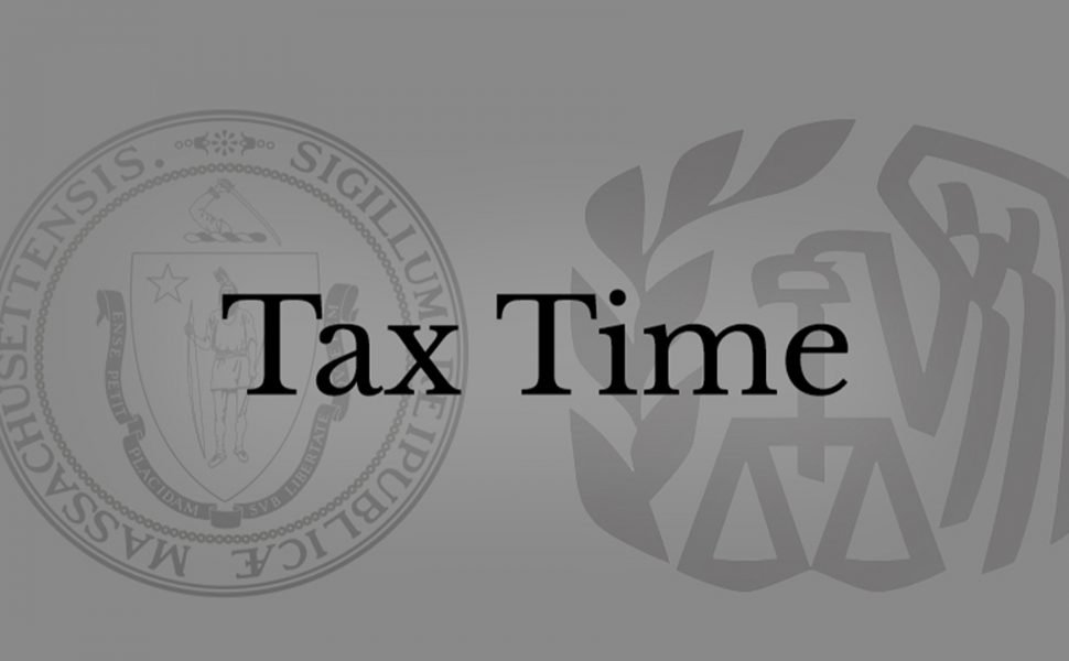 The words "Tax Time", with a background of logos of Office of the Comptroller and the Internal Revenue Service