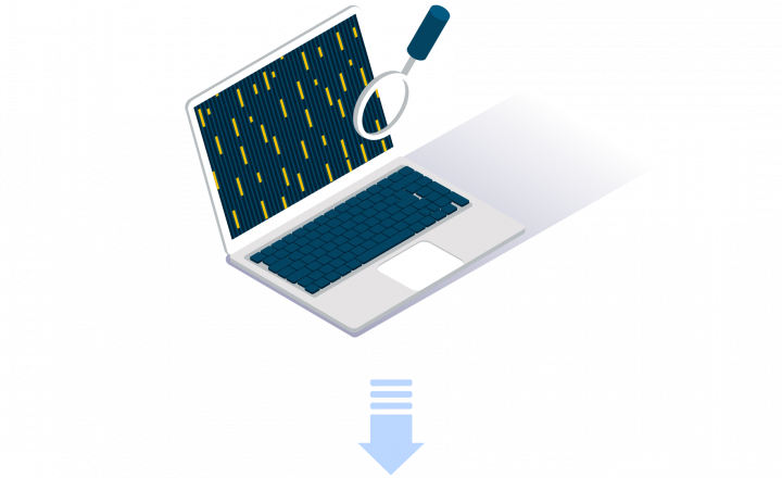 An icon of a magnifying glasses held up to a laptop computer