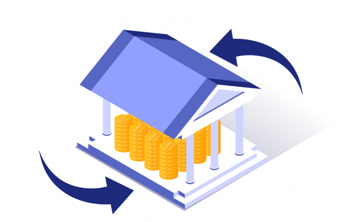 Structure housing stacks of coins with curved arrows on either side