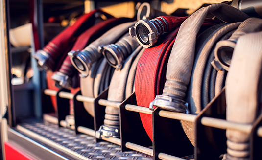 A close-up of firefighting hoses