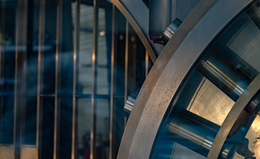 A close-up of a bank vault door