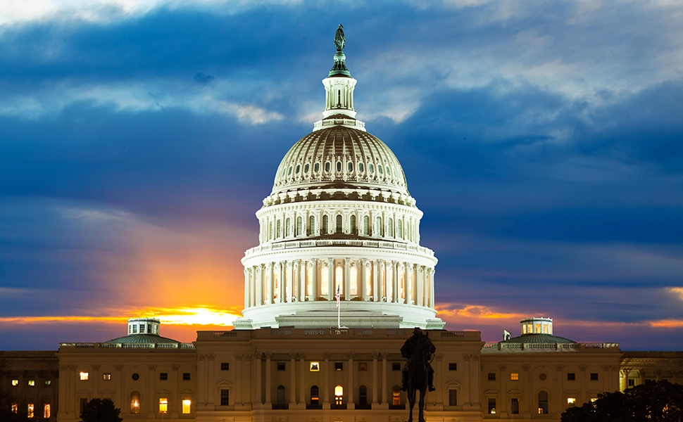 A photo of the United States Capitol building at night